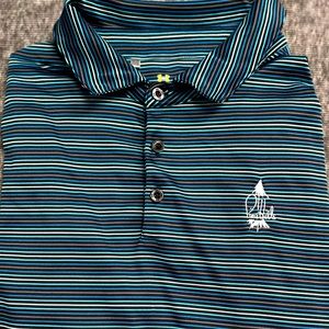 Under Armour Mens Large Green Blue Striped Loose Fit Short Sleeve Golf Polo